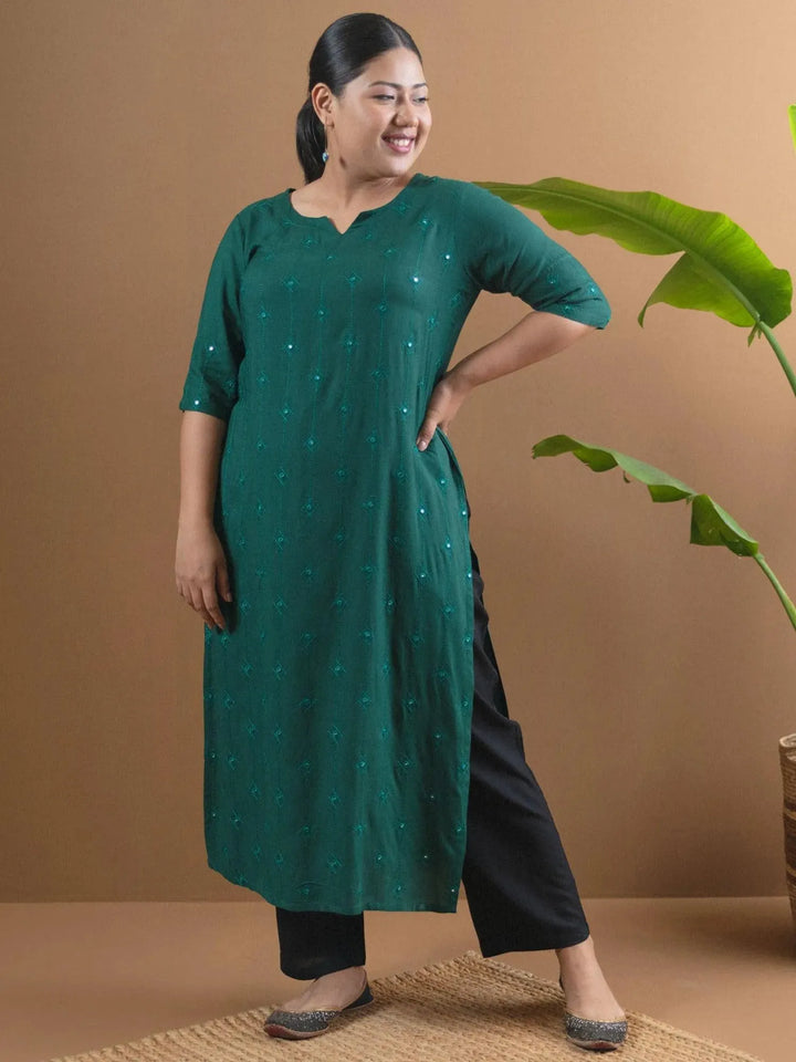 Plus Size Green Embroidered Rayon Kurta - Libas