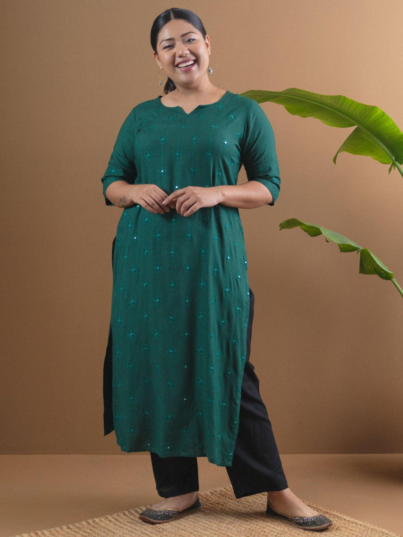 Plus Size Green Embroidered Rayon Kurta - Libas