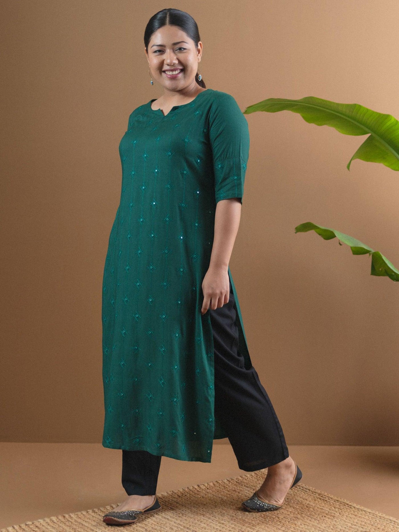 Plus Size Green Embroidered Rayon Kurta - Libas
