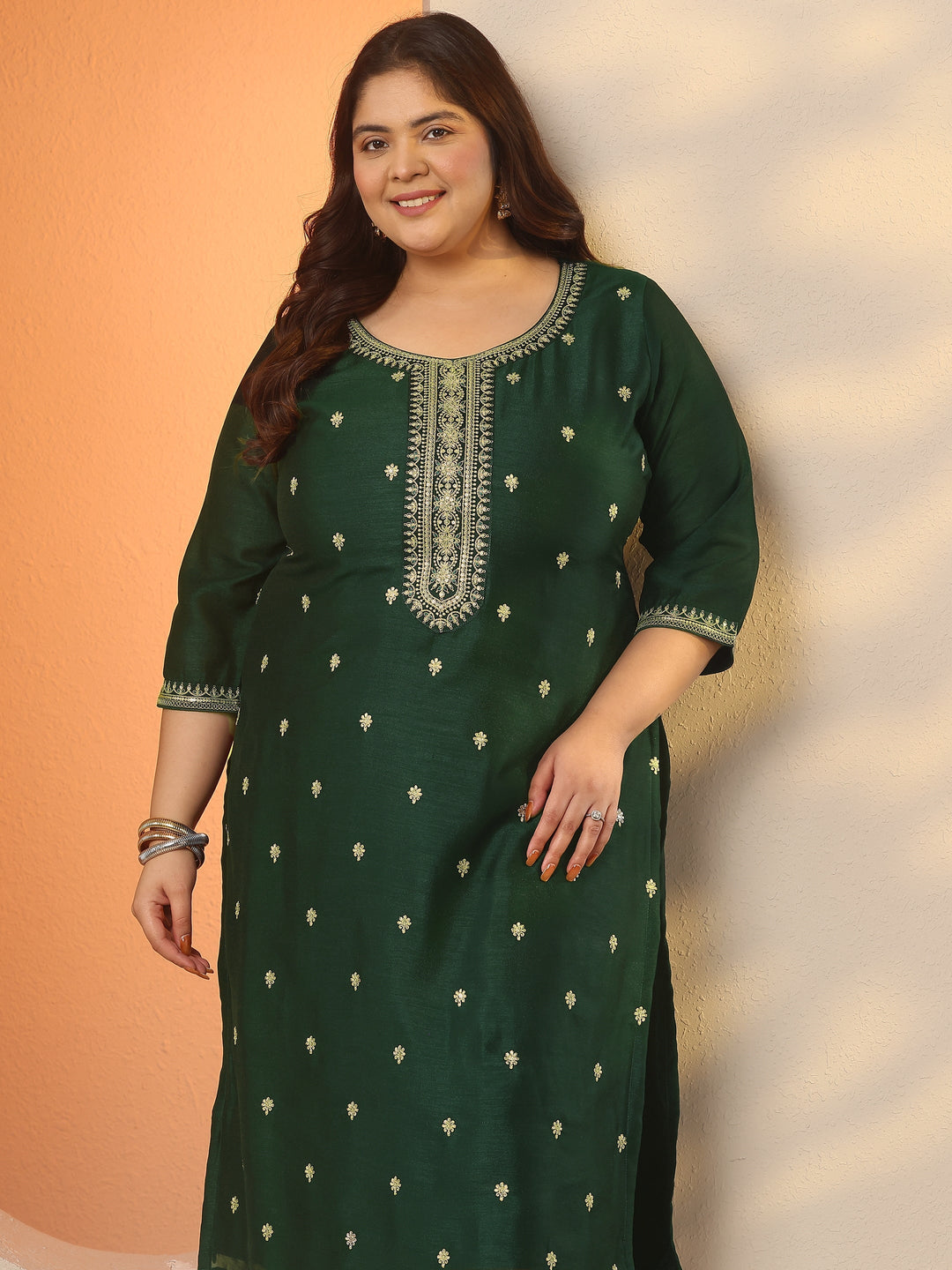  Plus Size Green Embroidered Silk Blend Straight Kurta 
