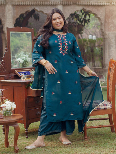 Plus Size Green Embroidered Silk Suit Set - Libas
