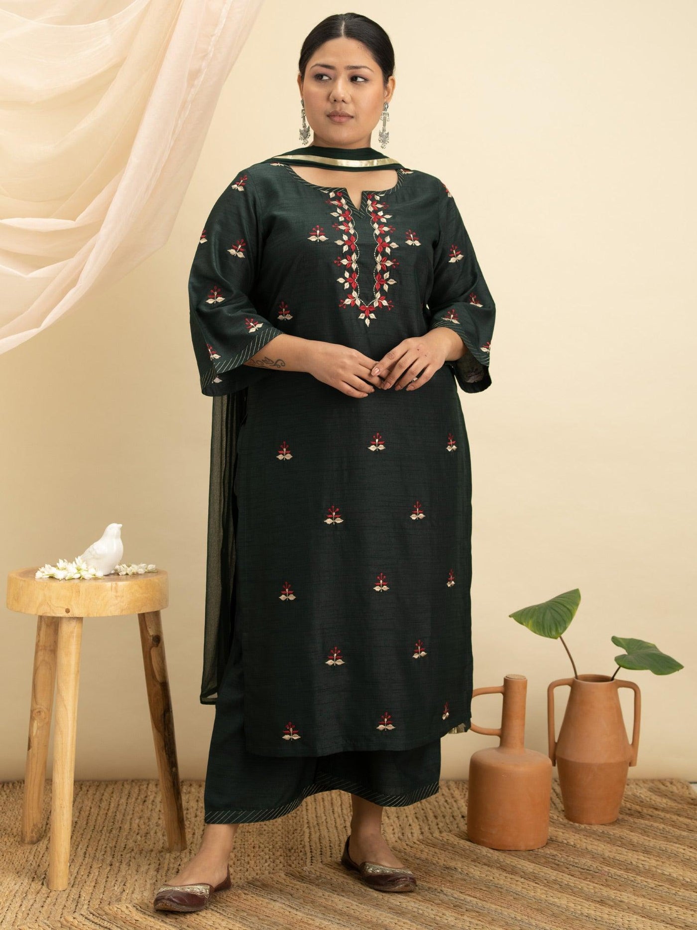 Plus Size Green Embroidered Silk Suit Set - Libas