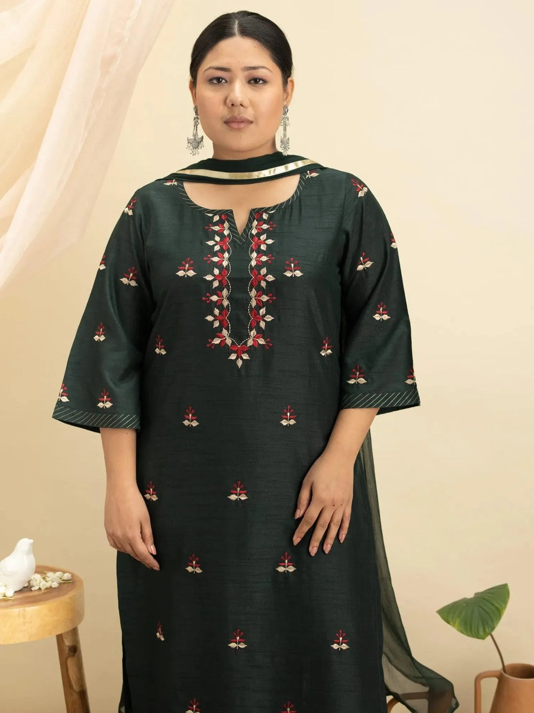 Plus Size Green Embroidered Silk Suit Set - Libas