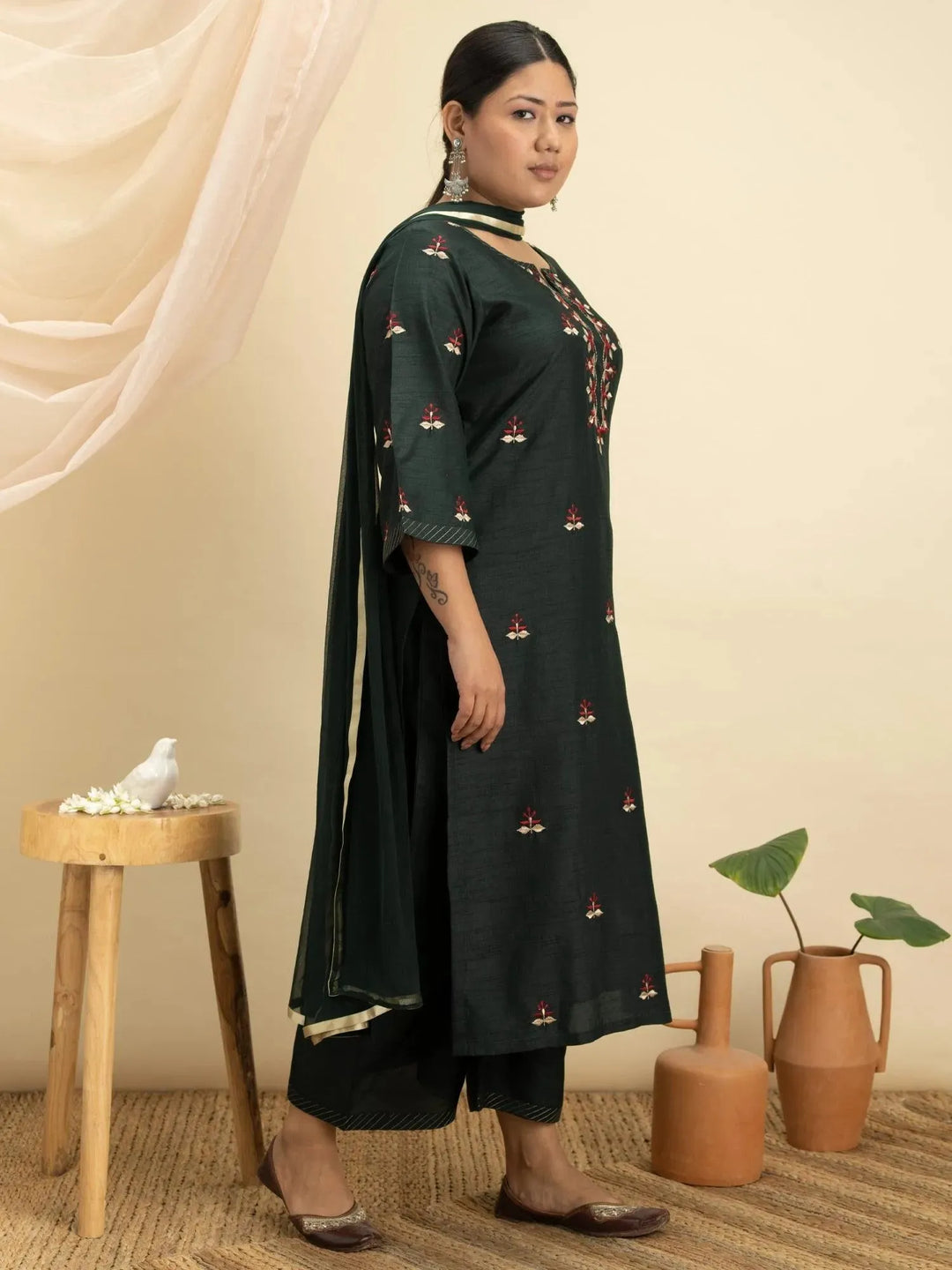 Plus Size Green Embroidered Silk Suit Set - Libas