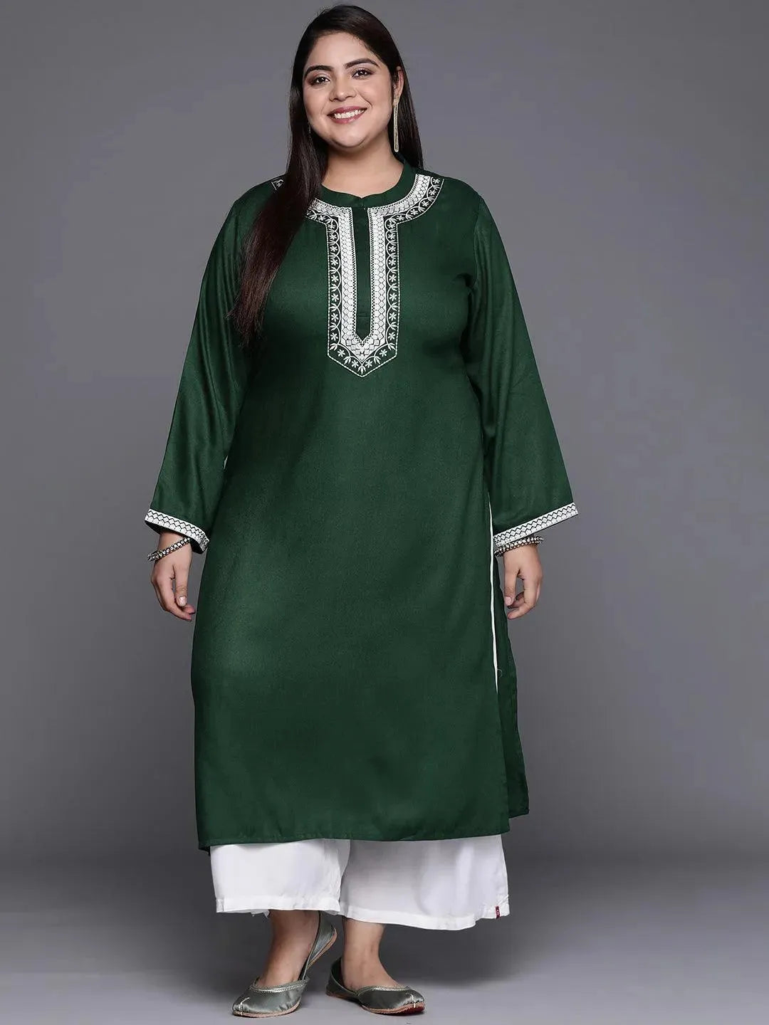 Plus Size Green Embroidered Wool Blend Kurta - Libas