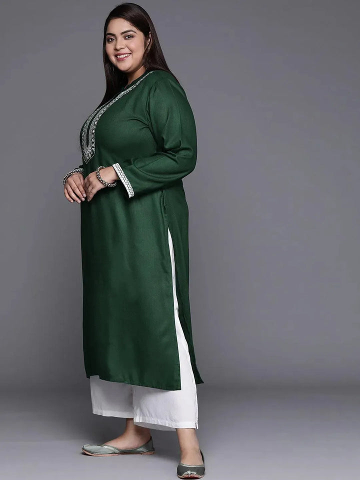 Plus Size Green Embroidered Wool Blend Kurta - Libas