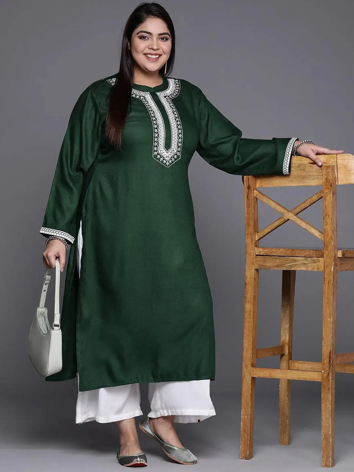 Plus Size Green Embroidered Wool Blend Kurta - Libas