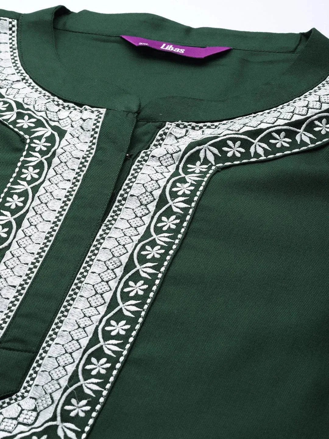 Plus Size Green Embroidered Wool Blend Kurta - Libas 