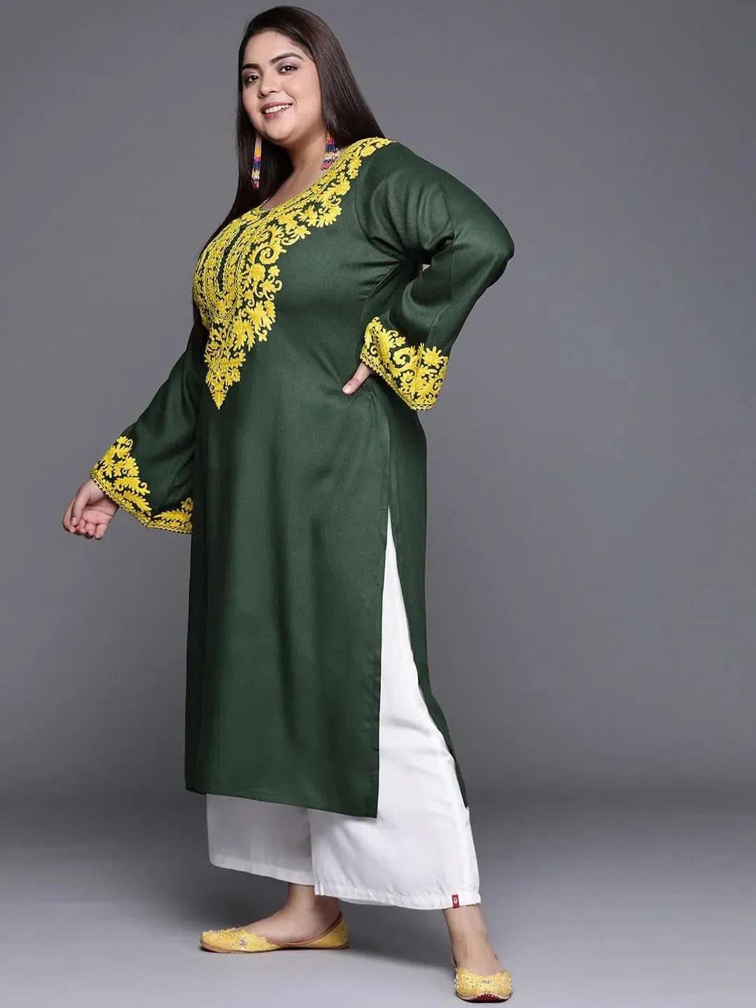 

Buy Plus Size Green Embroidered Wool Kurta - 11129- | Libas Ethnic Wear Online