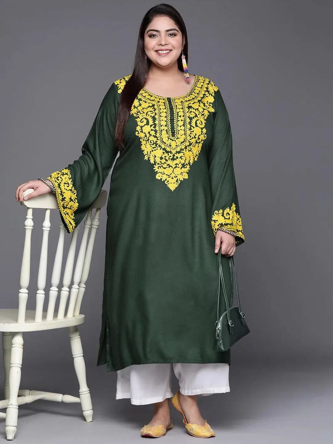 Plus Size Green Embroidered Wool Kurta - Libas 