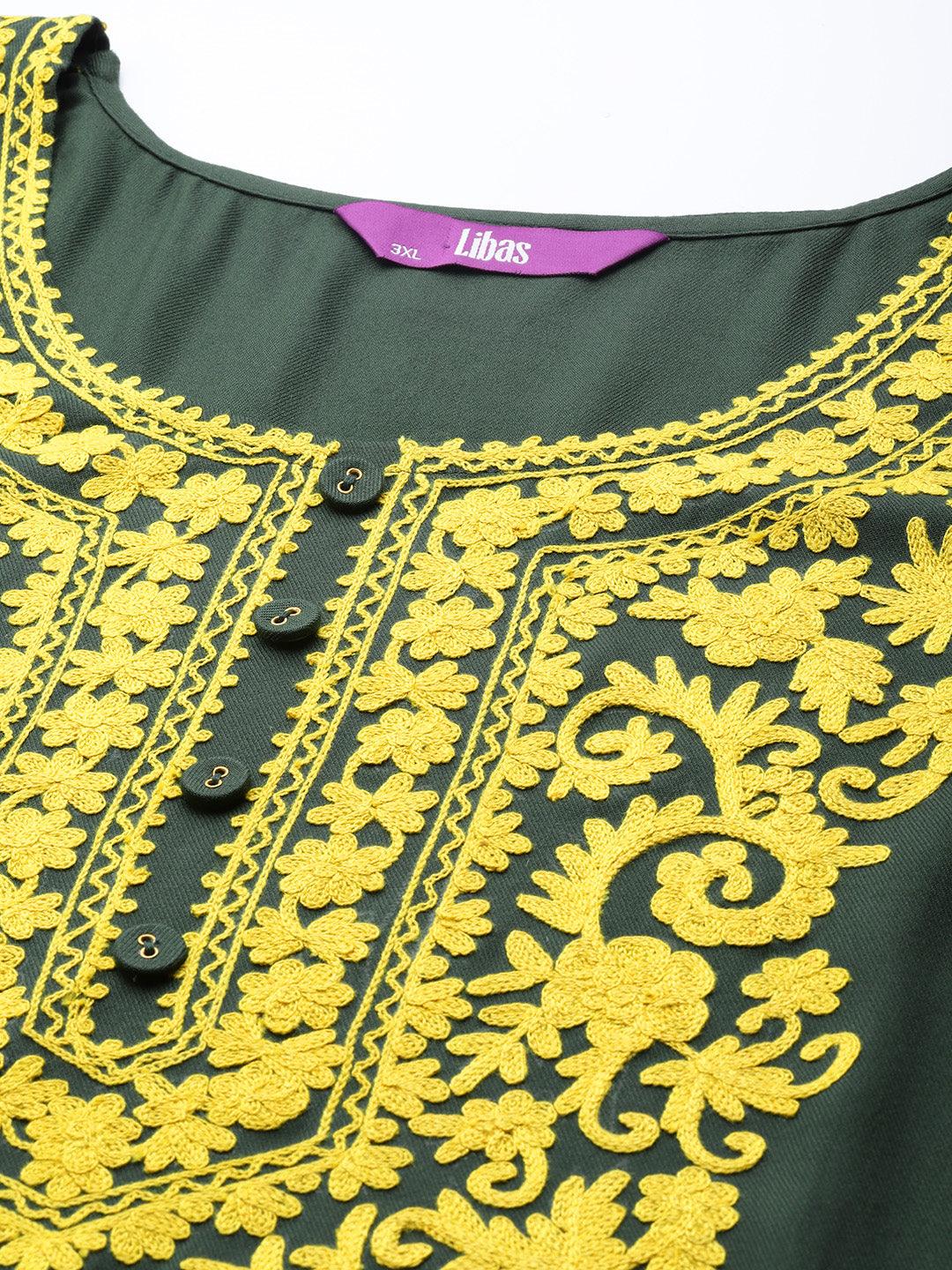Plus Size Green Embroidered Wool Kurta - Libas