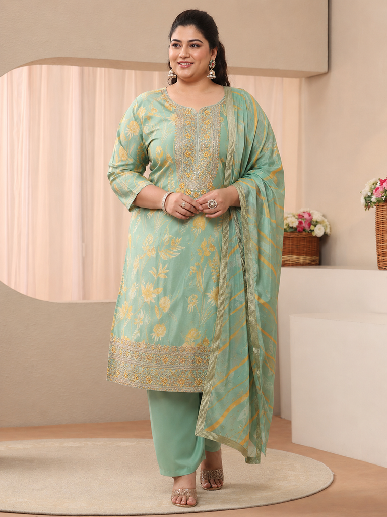Plus Size Green Floral Printed Chinon Straight Suit Set