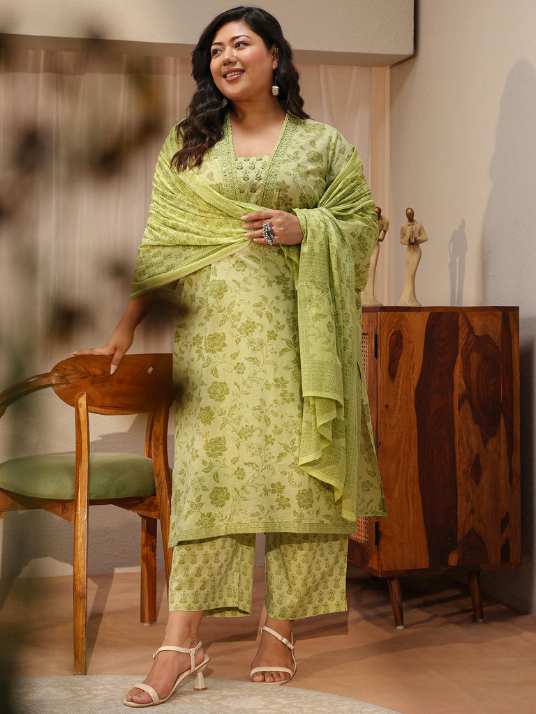 Plus Size Green Floral Printed Cotton Straight Suit Set