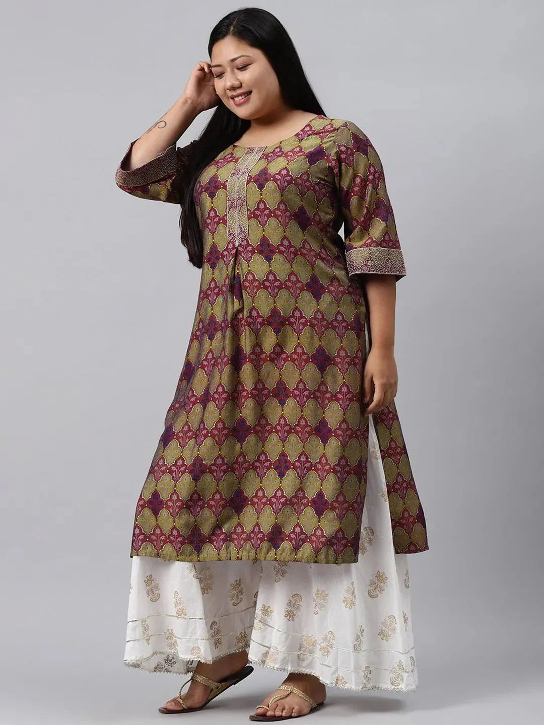 Plus Size Green Printed Chanderi Silk Kurta - Libas