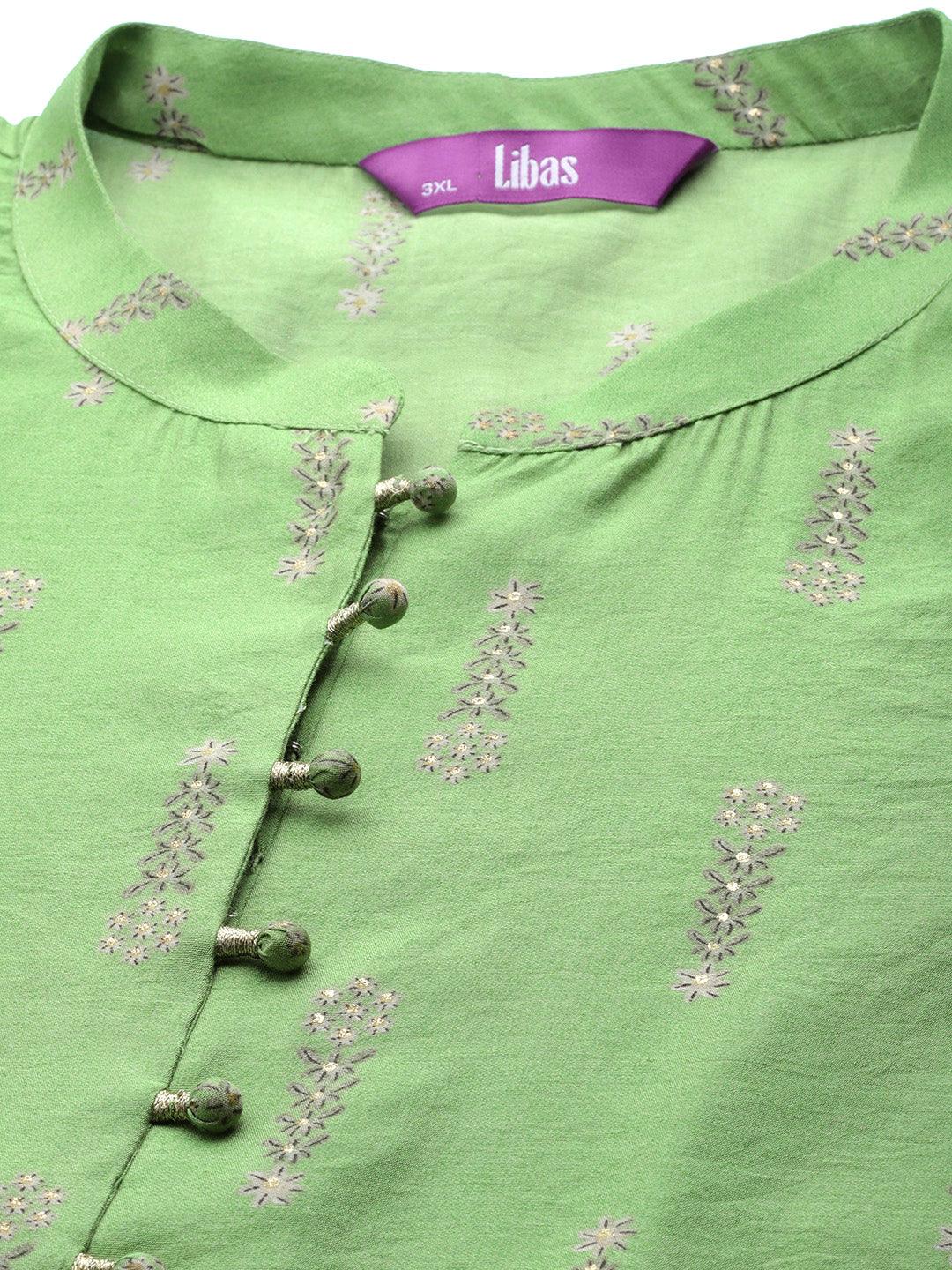 Plus Size Green Printed Chanderi Silk Kurta - Libas