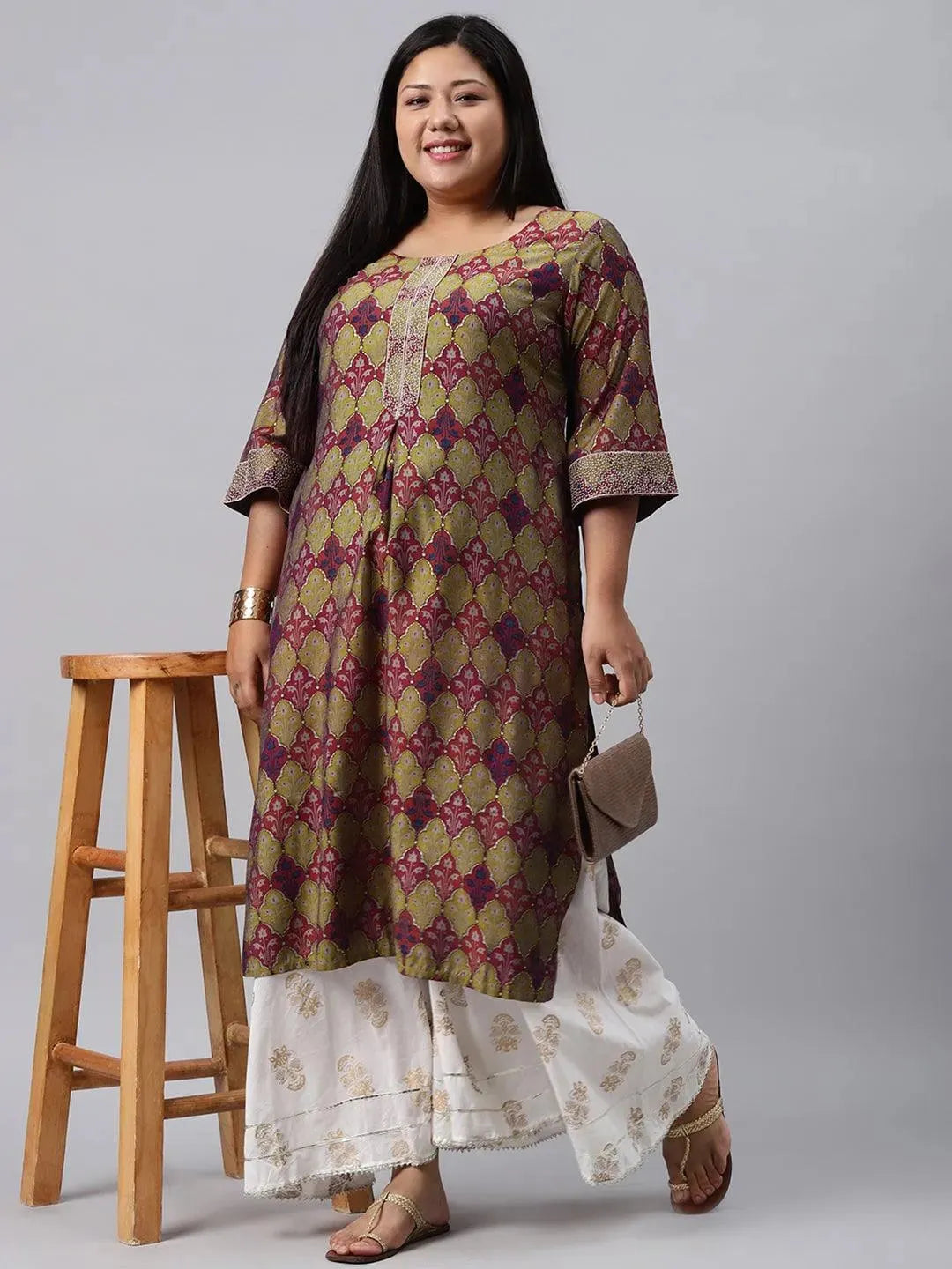 Plus Size Green Printed Chanderi Silk Kurta - Libas 