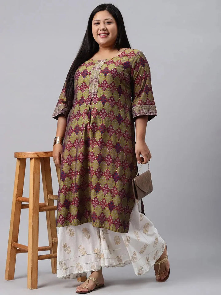 Plus Size Green Printed Chanderi Silk Kurta - Libas