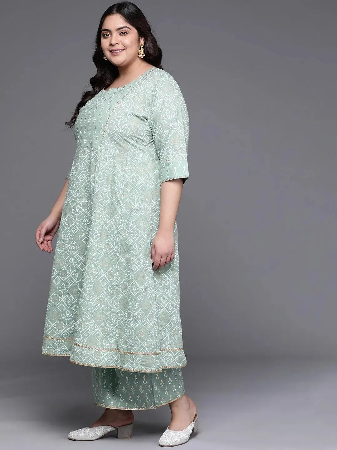 Plus Size Green Printed Cotton Suit Set - Libas 