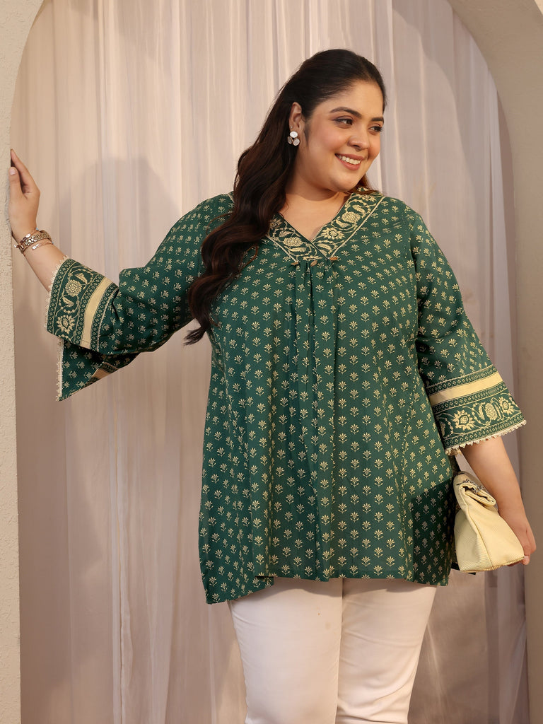 Plus Size Green Printed Cotton A-Line Short Kurti