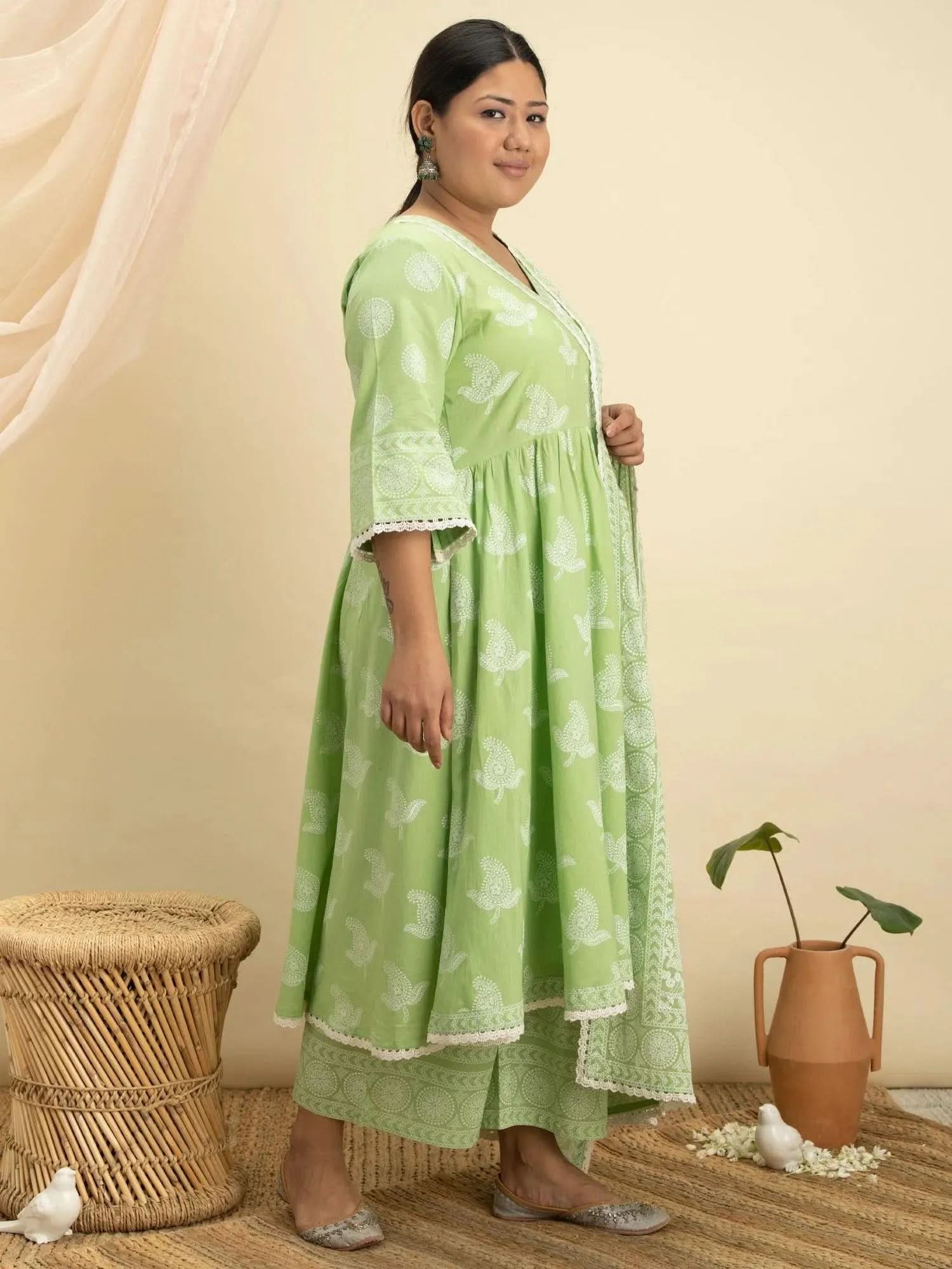

Buy Green Cotton Printed Anarkali Kurta With Cotton Palazzo And Dupatta Online
