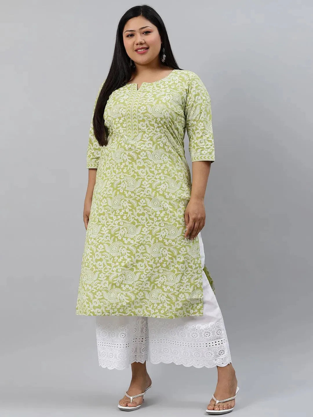 Plus Size Green Printed Cotton Kurta - Libas 