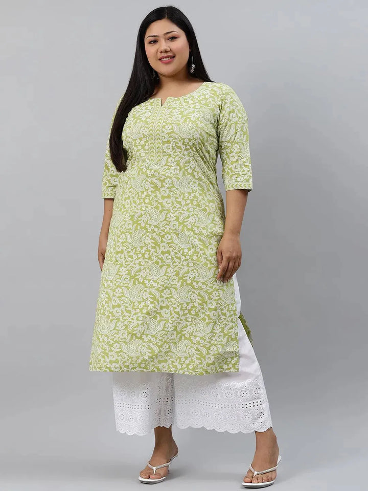 Plus Size Green Printed Cotton Kurta - Libas