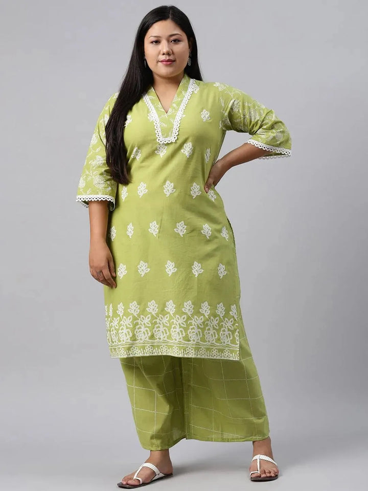 Plus Size Green Printed Cotton Kurta - Libas