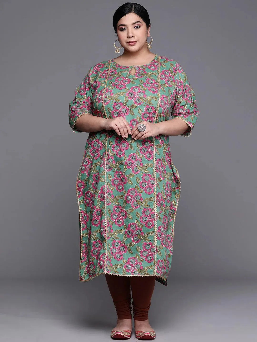 Plus Size Green Printed Cotton Kurta - Libas