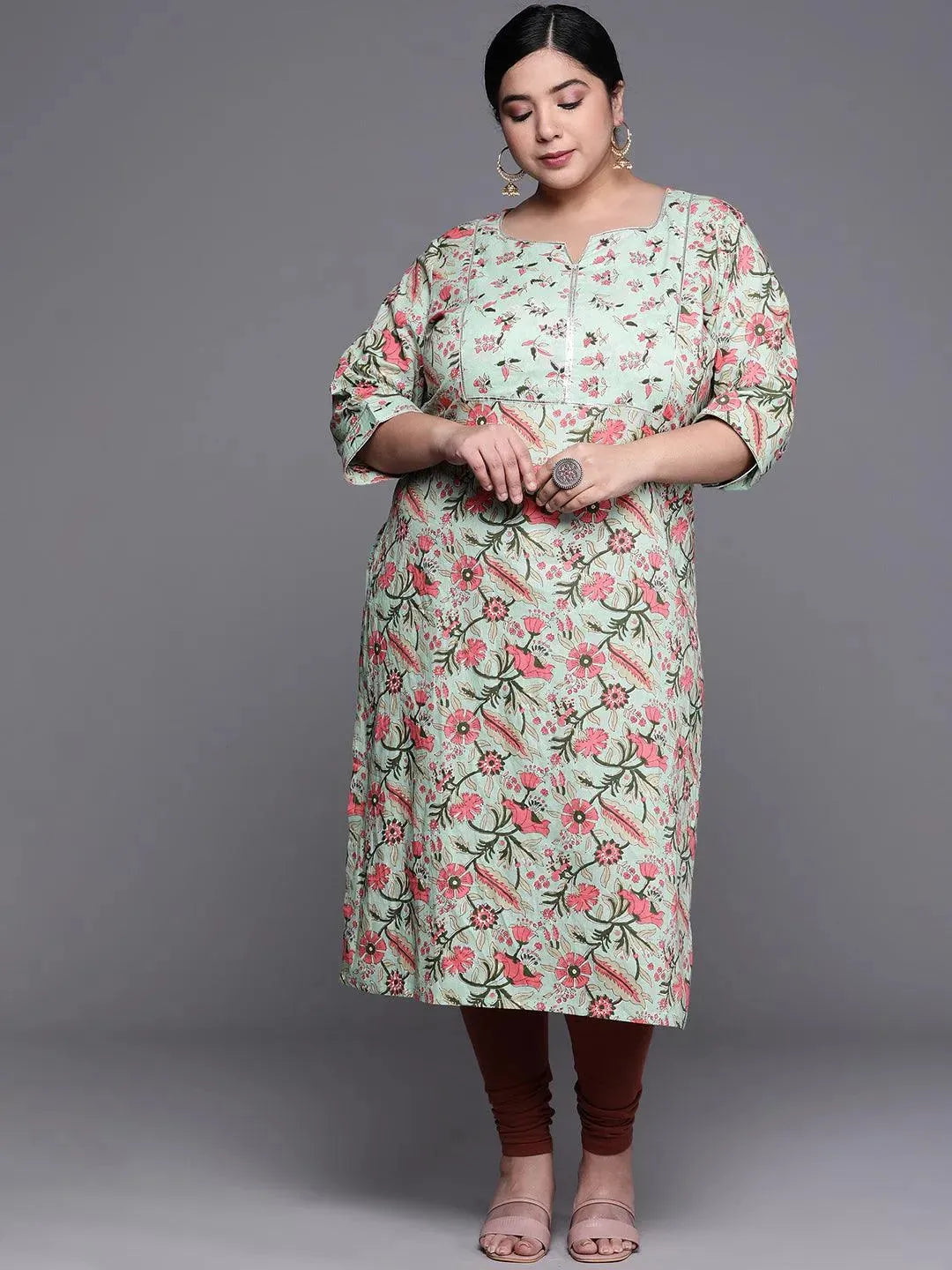 Plus Size Green Printed Cotton Kurta - Libas