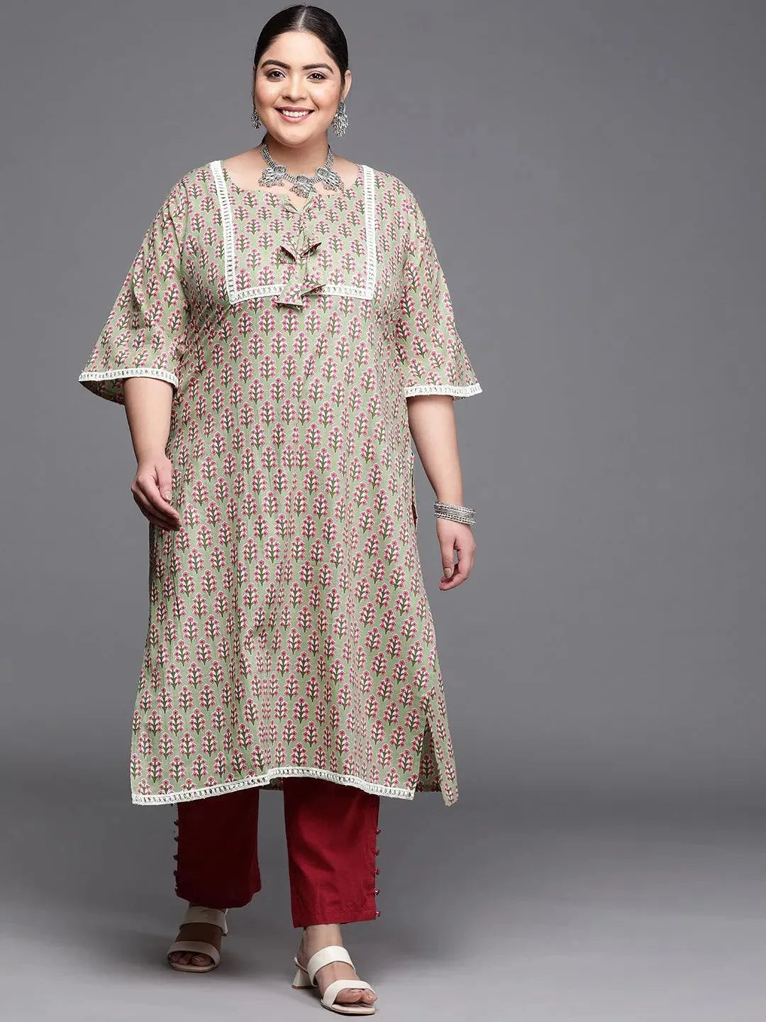 Plus Size Green Printed Cotton Kurta - Libas