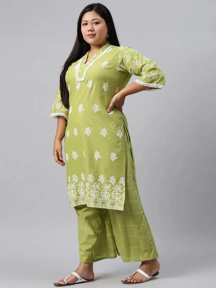 Plus Size Green Printed Cotton Kurta - Libas