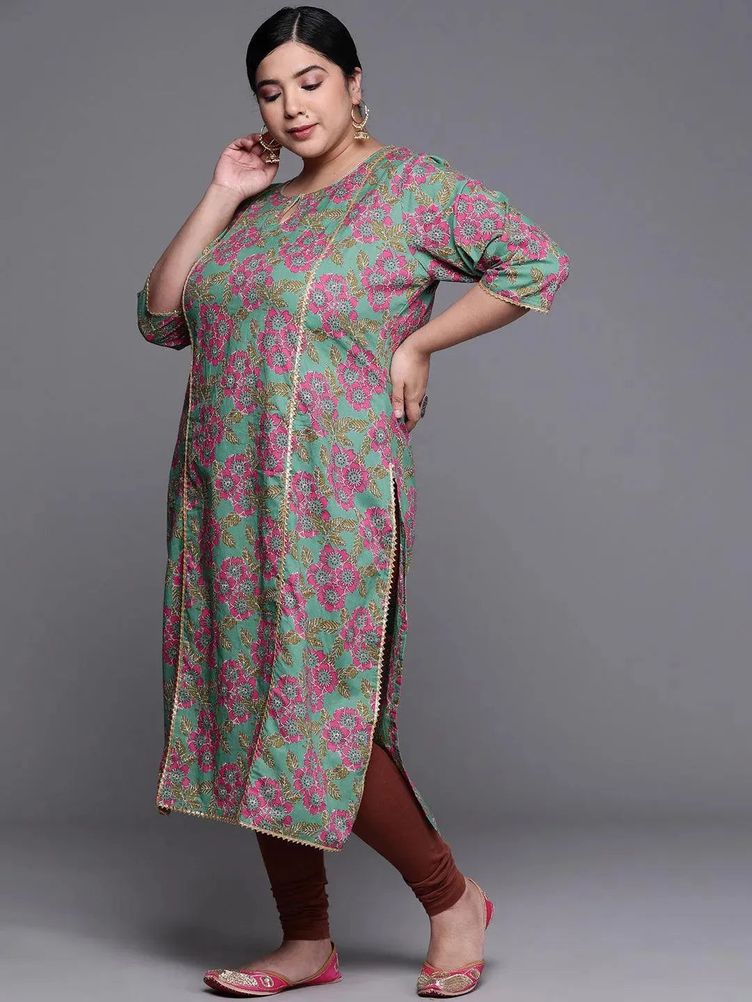 Plus Size Green Printed Cotton Kurta - Libas