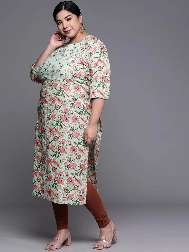 Plus Size Green Printed Cotton Kurta - Libas