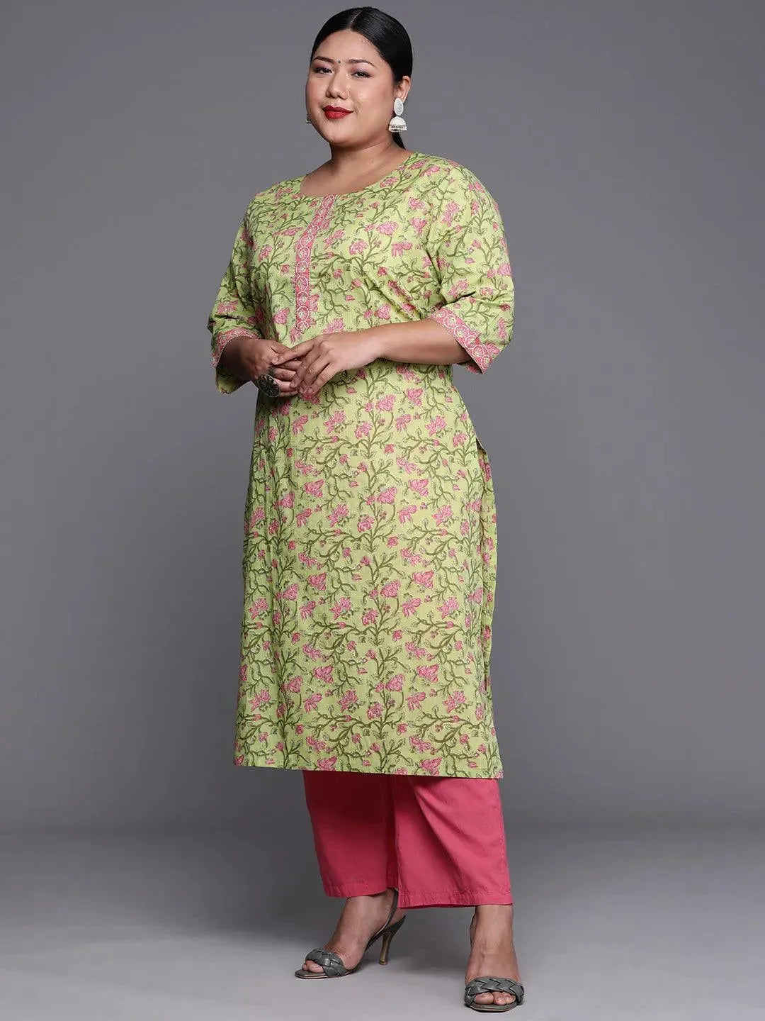 Plus Size Green Printed Cotton Kurta - Libas 