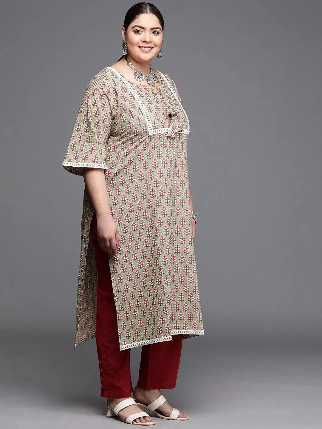 Plus Size Green Printed Cotton Kurta - Libas 