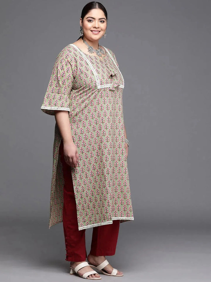 Plus Size Green Printed Cotton Kurta - Libas