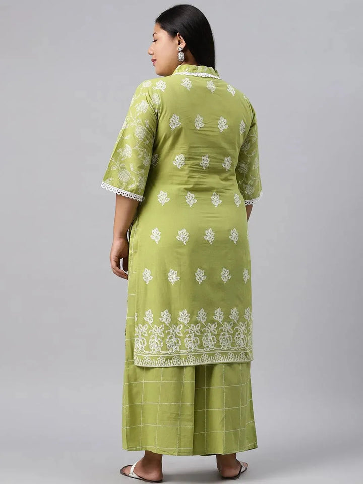 Plus Size Green Printed Cotton Kurta - Libas