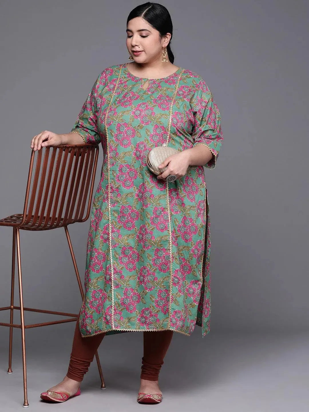 Plus Size Green Printed Cotton Kurta - Libas 