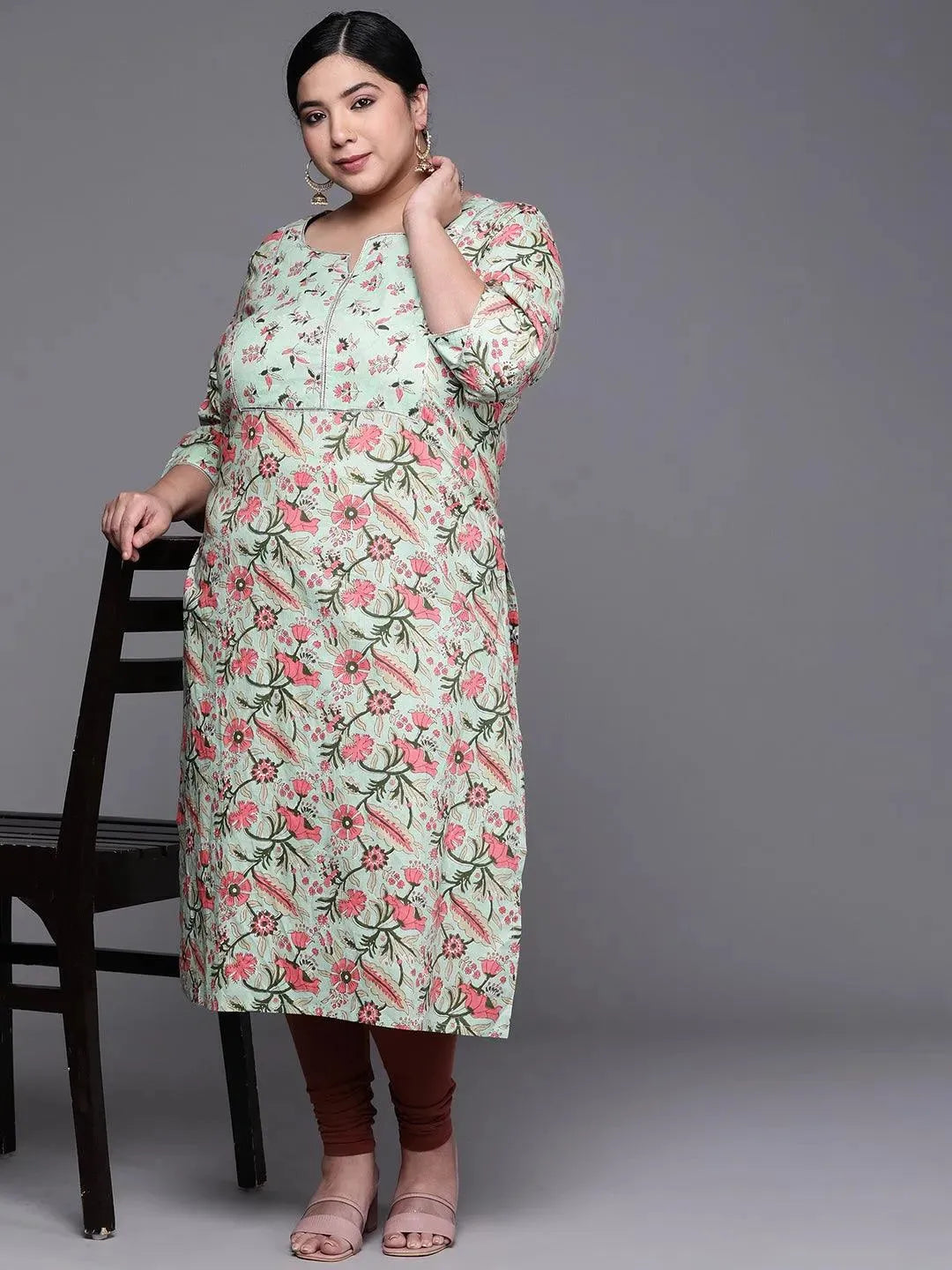 Plus Size Green Printed Cotton Kurta - Libas 