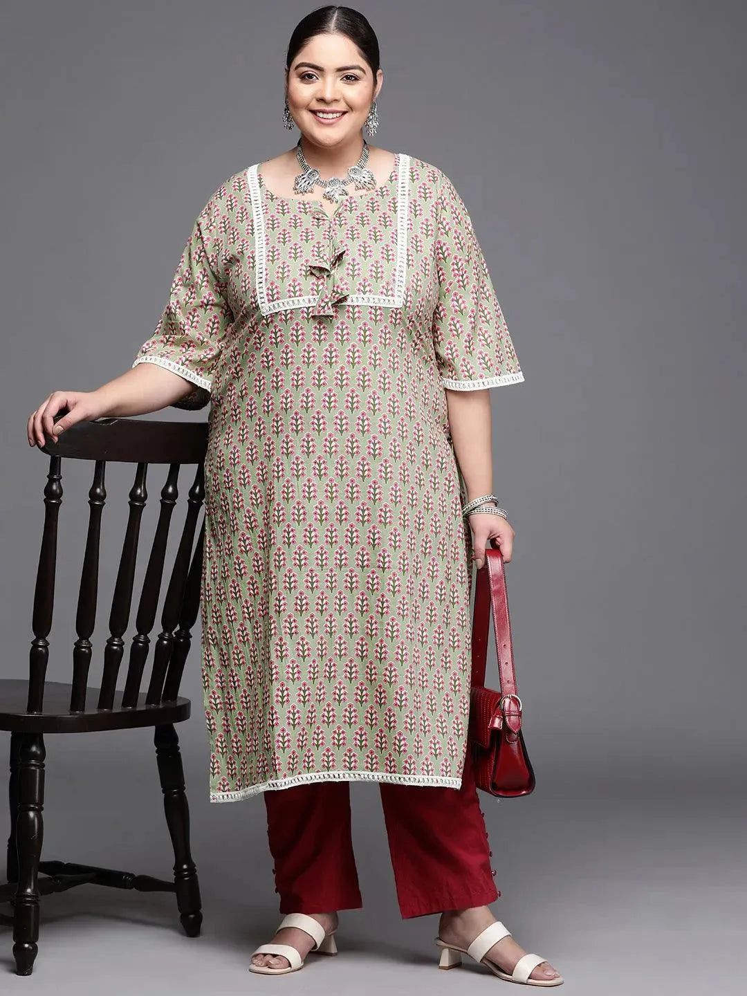 Plus Size Green Printed Cotton Kurta - Libas