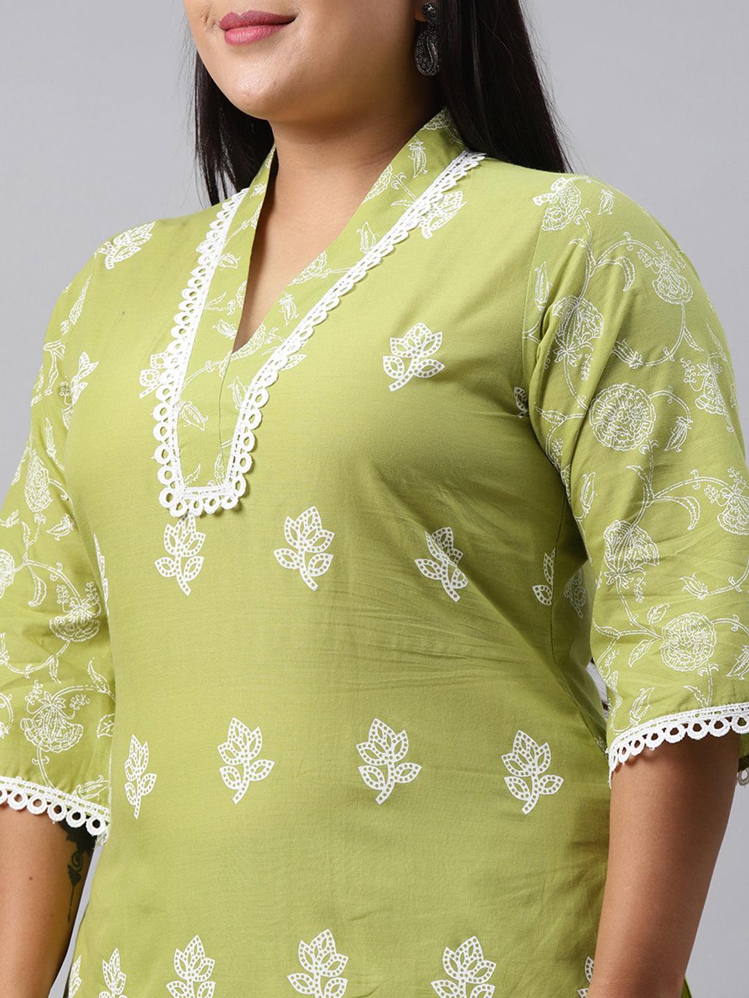 Plus Size Green Printed Cotton Kurta - Libas