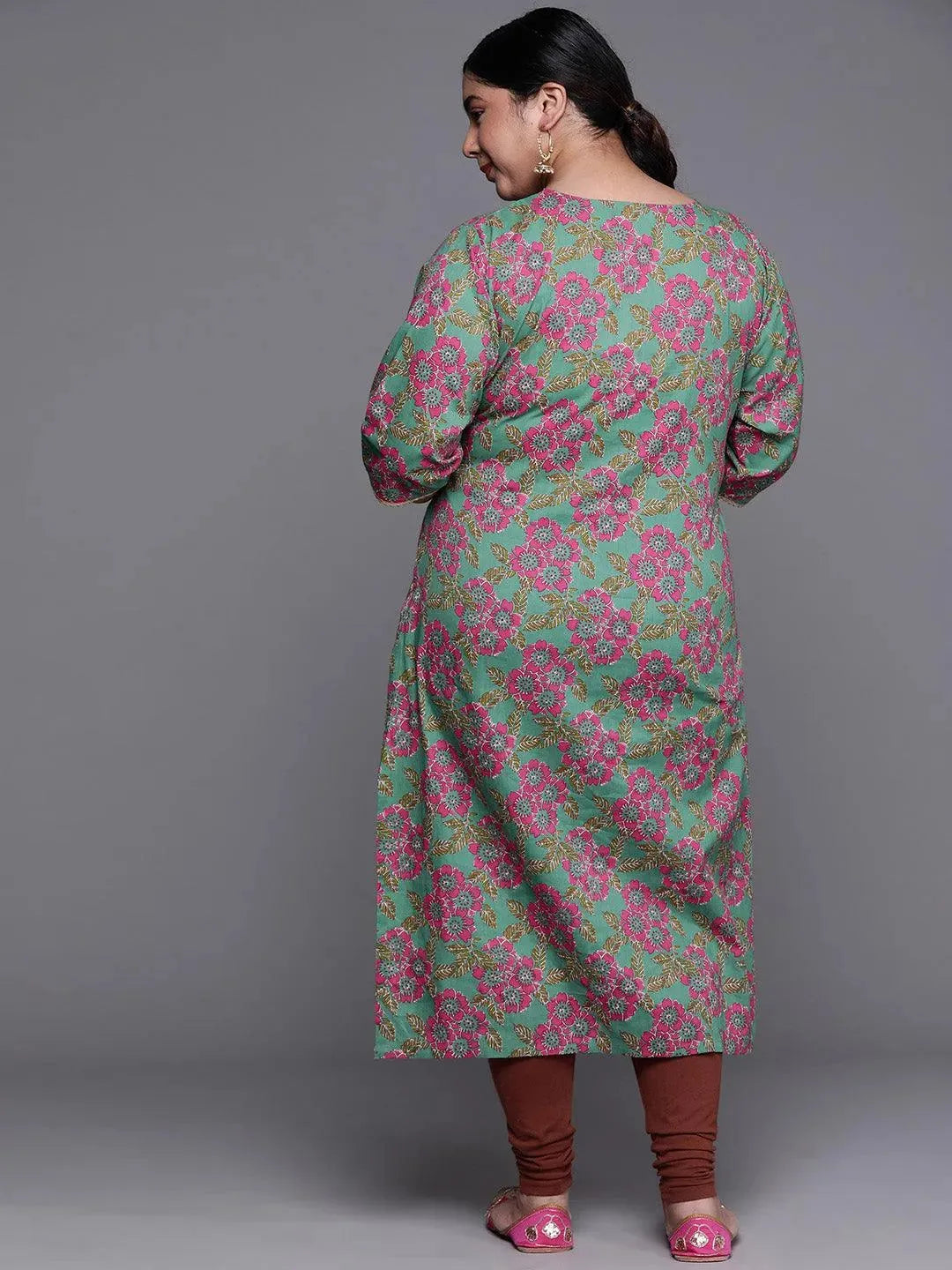 Plus Size Green Printed Cotton Kurta - Libas