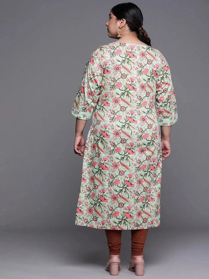Plus Size Green Printed Cotton Kurta - Libas