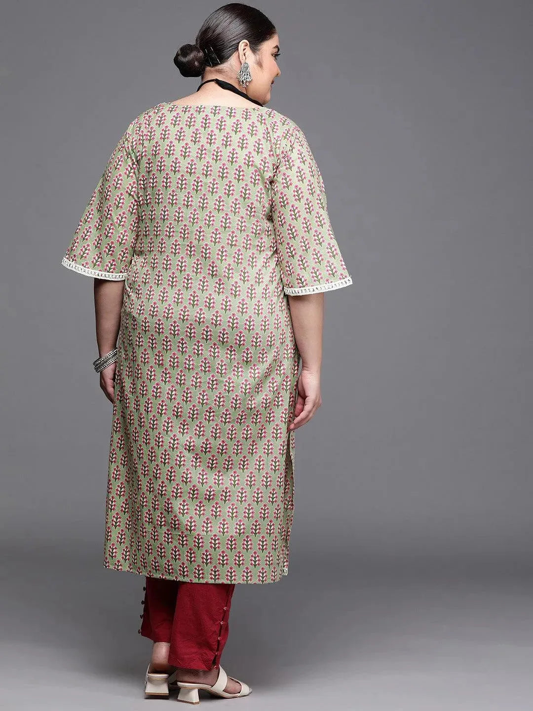 Plus Size Green Printed Cotton Kurta - Libas 