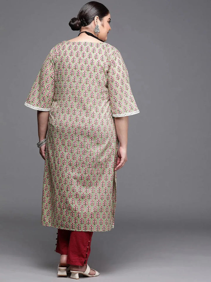 Plus Size Green Printed Cotton Kurta - Libas