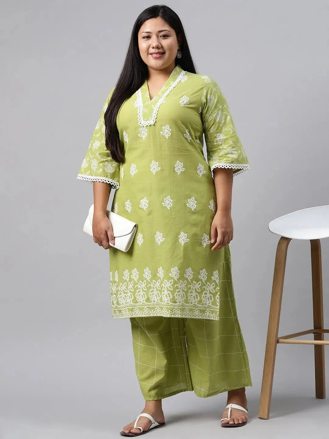 Plus Size Green Printed Cotton Kurta - Libas