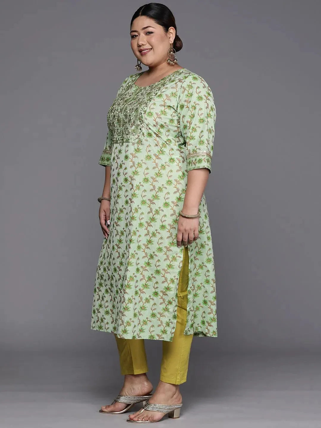 Plus Size Green Printed Cotton Silk Straight Kurta - Libas 