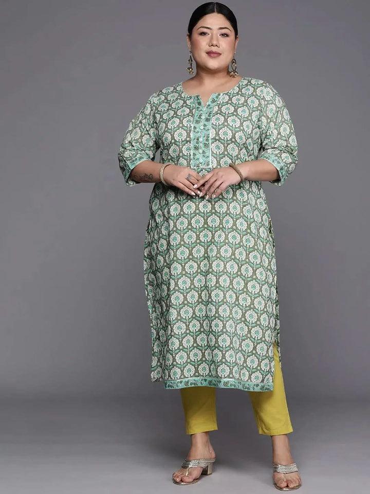 Plus Size Green Printed Cotton Straight Kurta - Libas