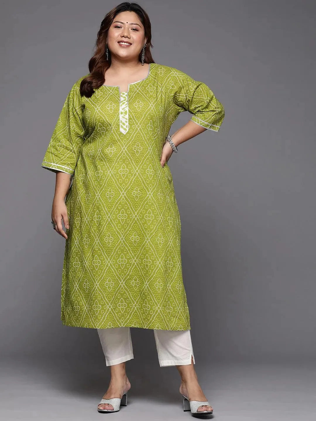 Plus Size Green Printed Cotton Straight Kurta - Libas 