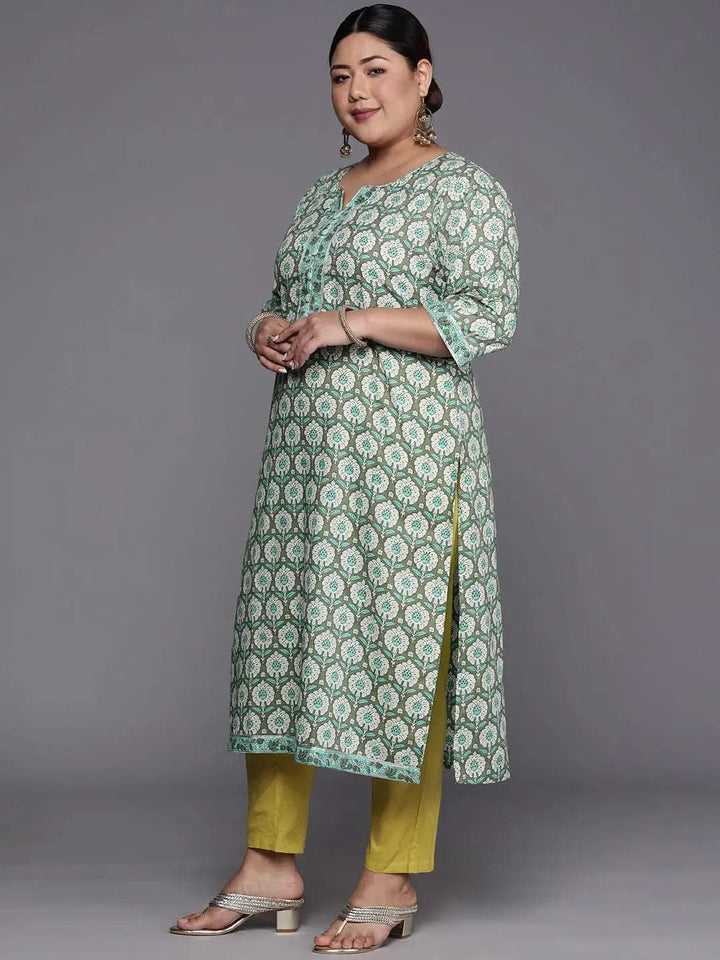 Plus Size Green Printed Cotton Straight Kurta - Libas